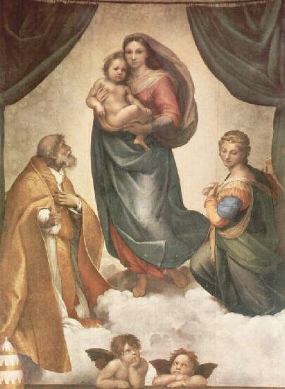 Рафаэль Санти. Сикстинская Мадонна. Мария с младенцем, папа Сикст II и св. Барбара. 1513-1514 гг. Картинная галерея