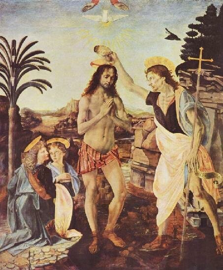 Леонардо да Винчи. Крещение Христа. Около 1472-1475 гг. Галерея Уффици